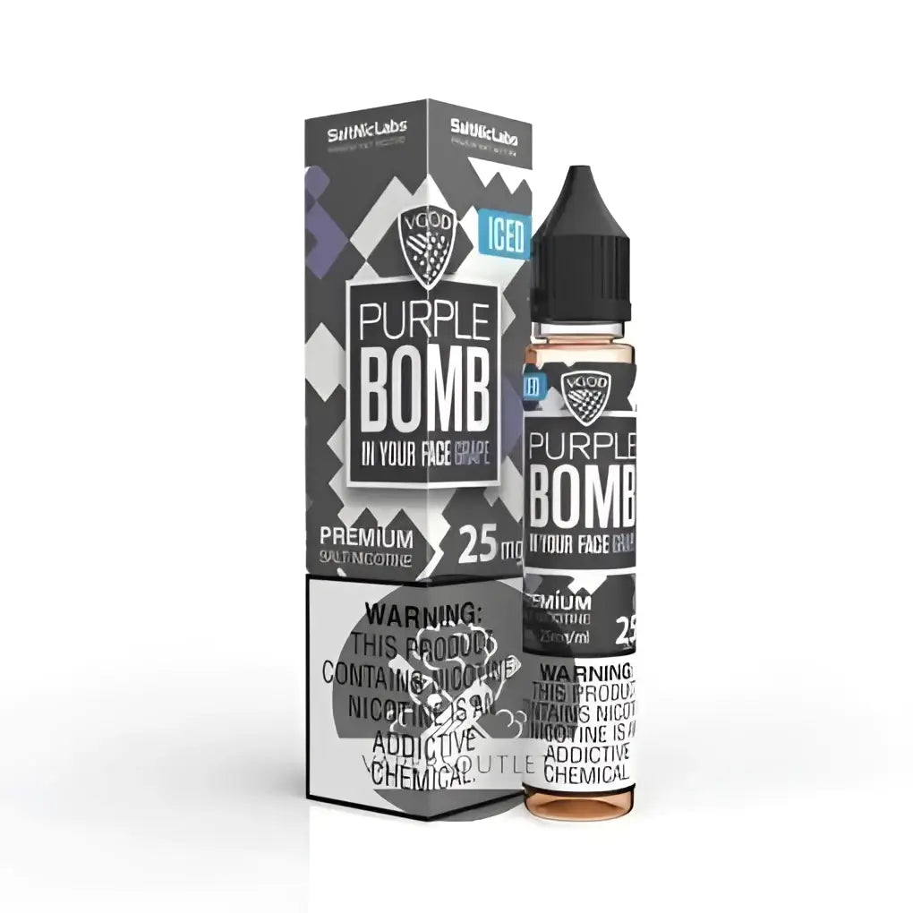 IVG SaltNic Iced Purple Bomb vape juice in 30ml bottle with 25mg or 50mg nicotine salt, featuring purple and icy flavor elements.