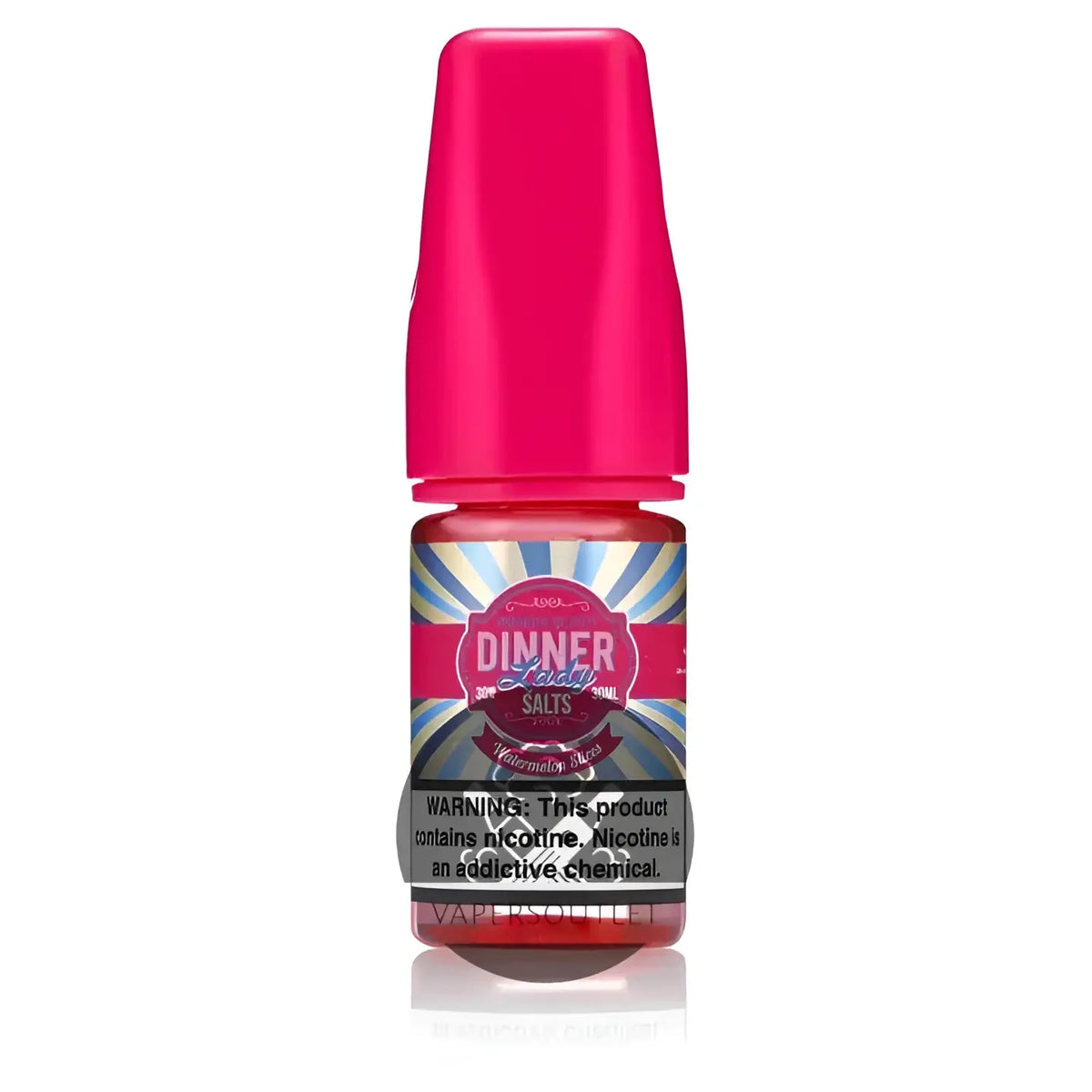 IVG Dinner Lady Watermelon Slices Ice Nic Salt e-liquid bottle with watermelon slices and icy flavor illustration.