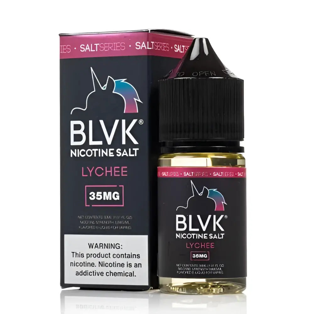 IVG BLVK Unicorn Lychee Nic Salt vape juice 30ml bottle with nicotine strength options 35MG and 50MG for vaping.