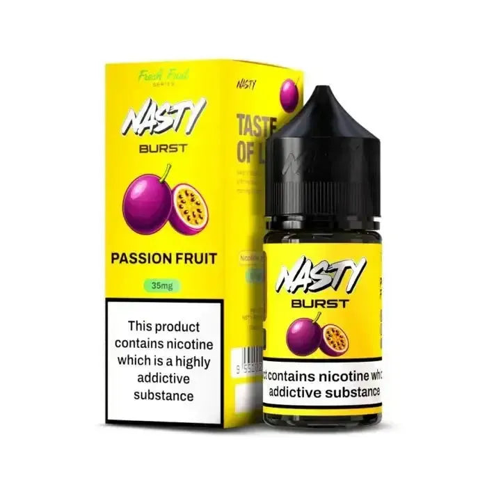 IVG Nasty Burst Passion Fruit Nic Salt 30ml bottle with tropical flavor, vibrant passion fruit illustration, and sleek packaging.