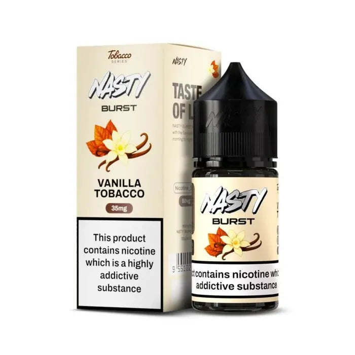 IVG Nasty Burst Vanilla Tobacco Nic Salt 30ml vape juice with creamy vanilla and tobacco flavor in a sleek bottle.