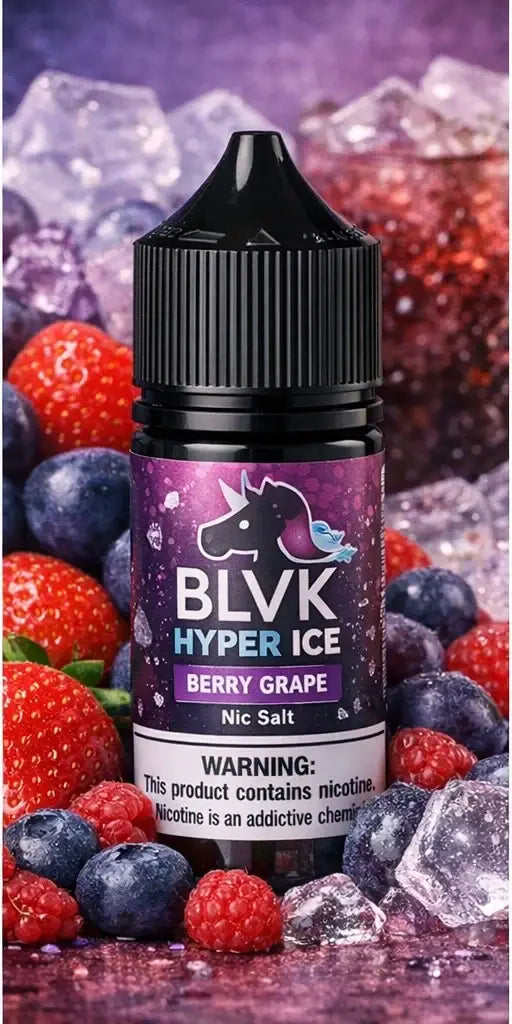 IVG BLVK Hyper Ice Berry Grape nicotine salt vape juice 30ml bottle with berry and grape flavor, available in 35mg and 50mg nicotine strength.