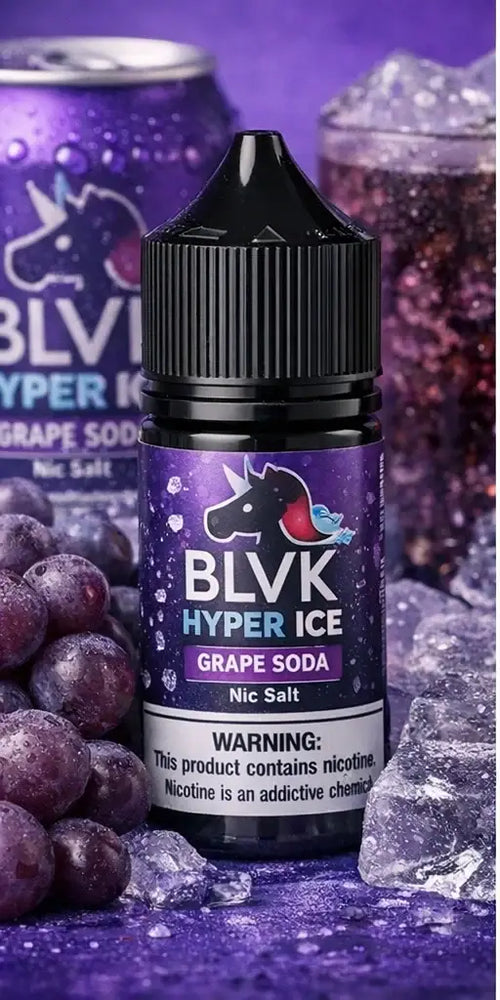 IVG BLVK Hyper Ice Grape Soda nic salt vape juice in 30ml bottle, available in 35mg and 50mg nicotine strength.