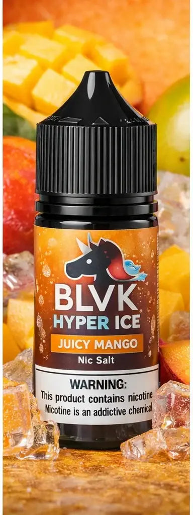 IVG BLVK Hyper Ice Juicy Mango Nic Salt vape juice bottle with 30ml size, 35mg and 50mg nicotine options, tropical mango flavor.