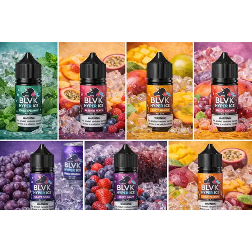 IVG BLVK Hyper Ice Juicy Mango NIC SALT vape juice bottle, 30ML, 35MG and 50MG nicotine salt e-liquid, clear label visible.