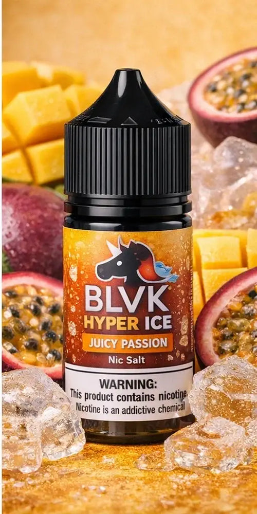 IVG BLVK Hyper Ice Juicy Passion Nic Salt vape juice 30ml bottle with 35MG and 50MG nicotine, vibrant flavor profile.