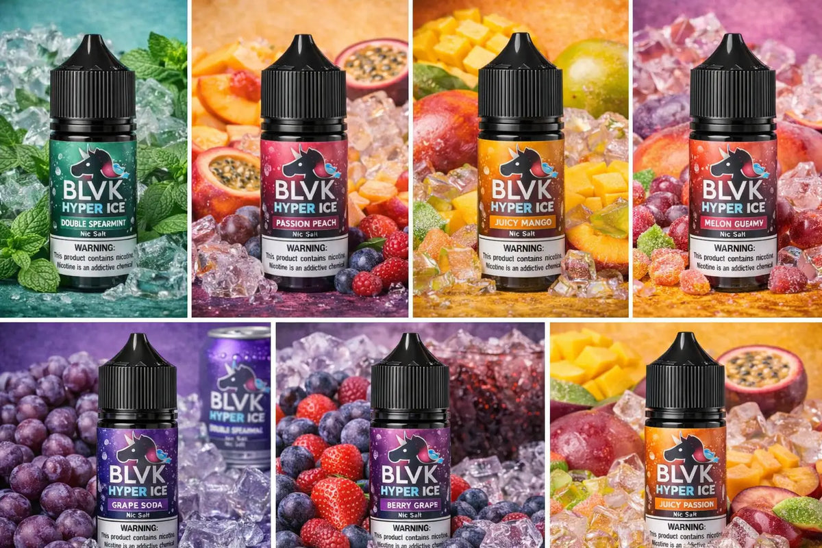IVG BLVK Hyper Ice Juicy Passion Nic Salt vape juice 30ml bottle with 35MG or 50MG nicotine strength, vibrant flavor for vaping.