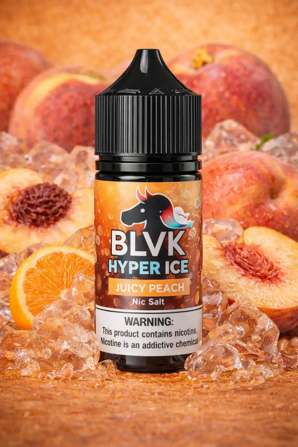 IVG BLVK Hyper Ice Juicy Peach Nic Salt vape juice bottle, 30ml, 35MG or 50MG nicotine, vape liquid for electronic cigarettes.