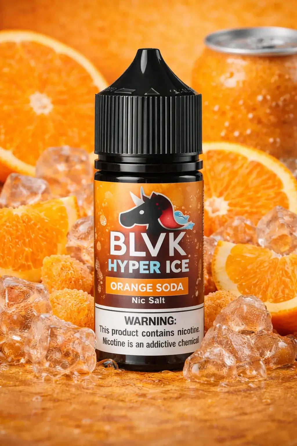 IVG BLVK Hyper Ice Orange Soda Nic Salt vape juice bottle, 30ml with 35mg and 50mg nicotine, featuring orange soda flavor.