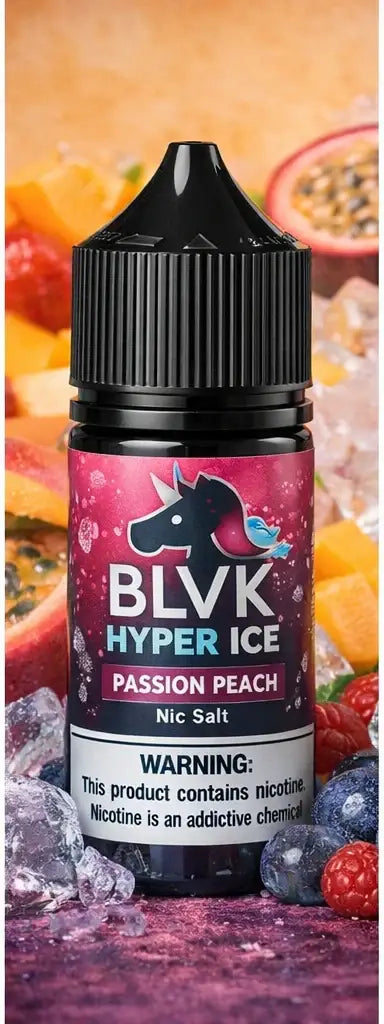 IVG BLVK Hyper Ice Passion Peach Nic Salt vape juice 30ML bottle with 35MG or 50MG nicotine, featuring peach flavor.