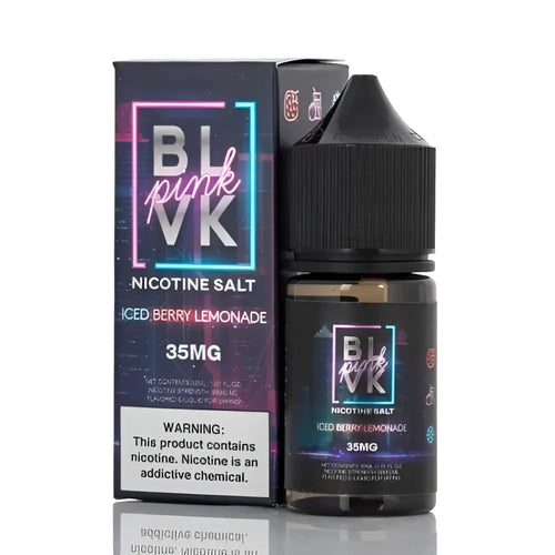 IVG BLVK Pink Series Nicotine Salt Iced Berry Lemonade flavor in a 35mg bottle, showcasing the nicotine salt product with berry and lemon imagery.