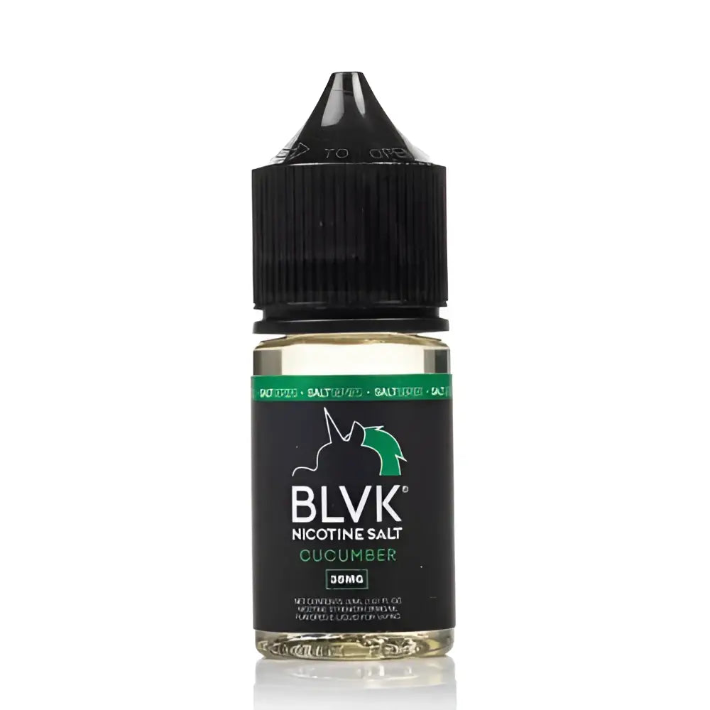 IVG BLVK Unicorn Icy Cucumber NIC Salt vape juice bottle with 30ML label, featuring icy cucumber flavor and nicotine strength options.
