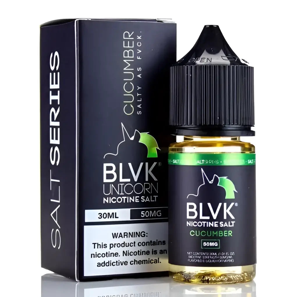 IVG BLVK Unicorn Icy Cucumber Nic Salt Vape Juice 30ml bottle with icy cucumber flavor and nicotine options 35mg and 50mg.