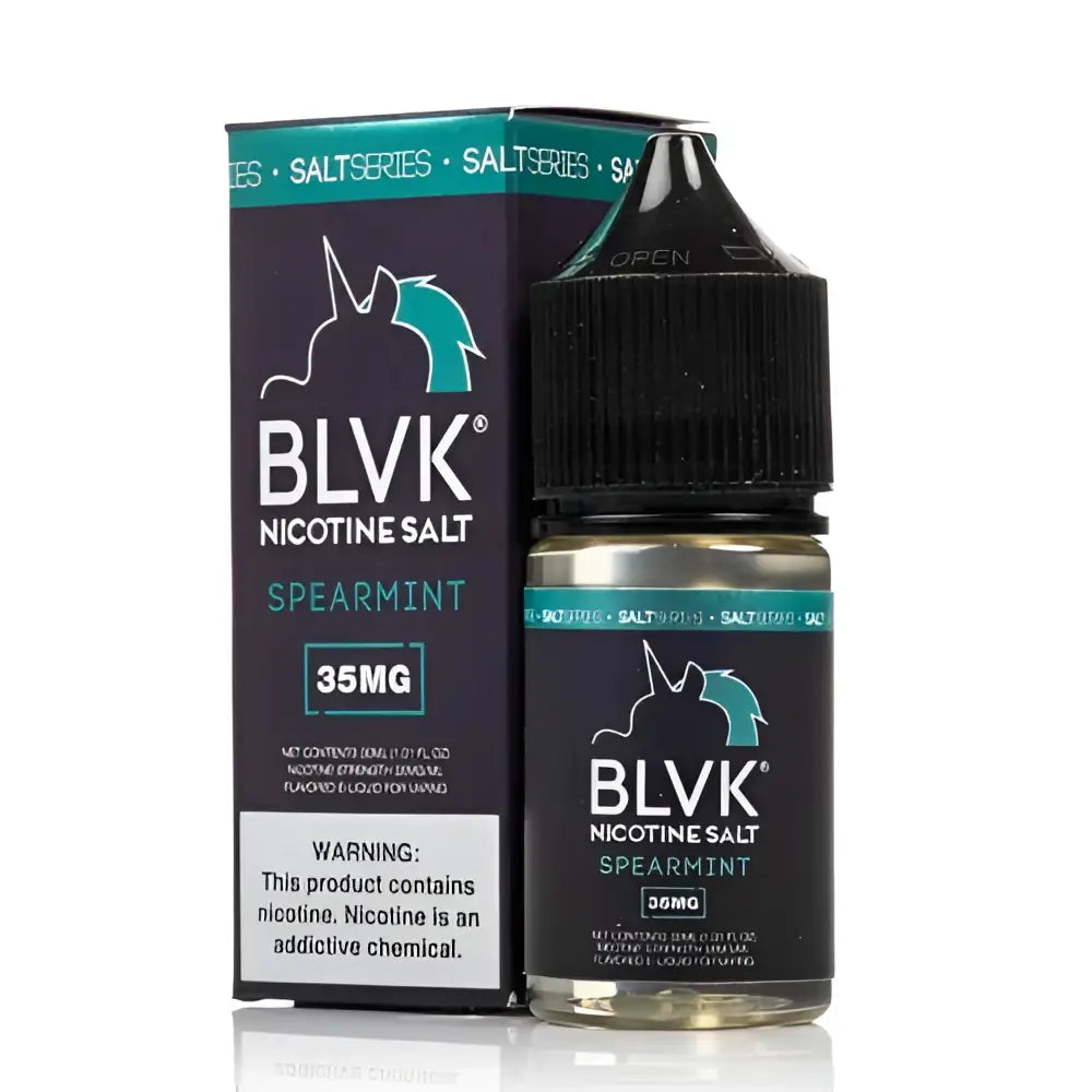 IVG BLVK Unicorn Spearmint Nic Salt vape juice 30ml bottle with mint flavor and nicotine options of 35mg and 50mg.