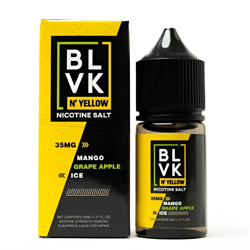 IVG BLVK Yellow Mango Grape Apple Ice Nic Salt vape bottle, 30ml, 35MG or 50MG, with colorful fruit and ice flavor graphics