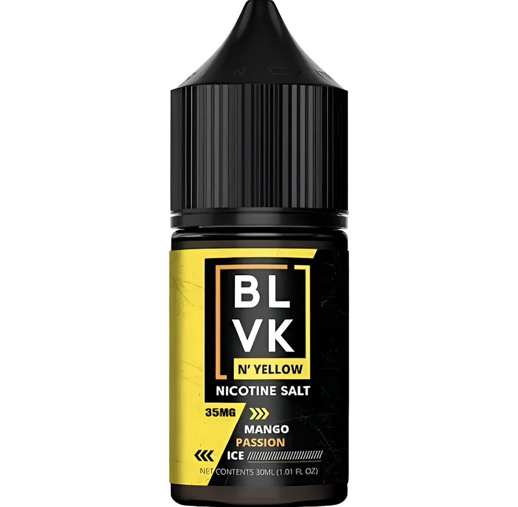 IVG BLVK Yellow Mango Passion Ice NIC SALT vape juice bottle, 30ml, 35MG/50MG nicotine, with colorful mango and passion fruit illustration.
