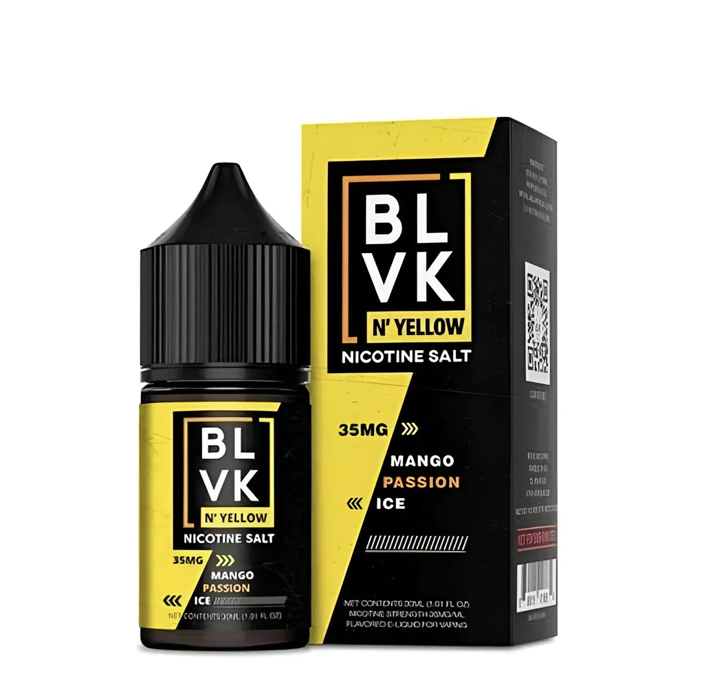 IVG BLVK Yellow Mango Passion Ice Nic Salt vape juice 30ml bottle with vibrant mango and passion fruit flavor.