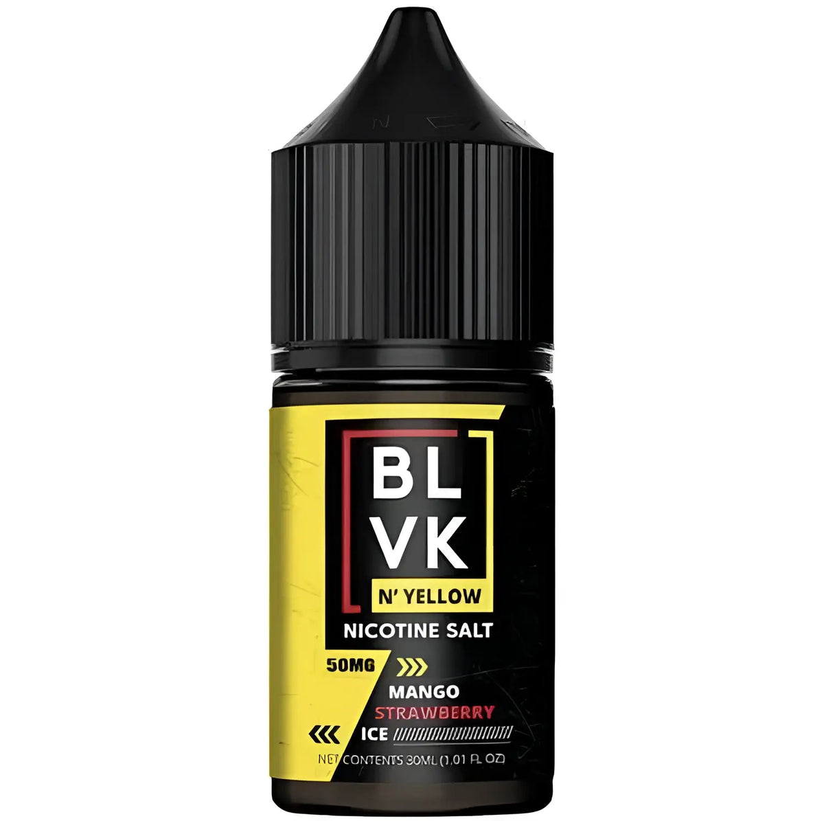 IVG BLVK Yellow Mango Strawberry Ice Nic Salt vape juice in 30ml bottle, 35mg and 50mg nicotine strength, with tropical fruit flavor.