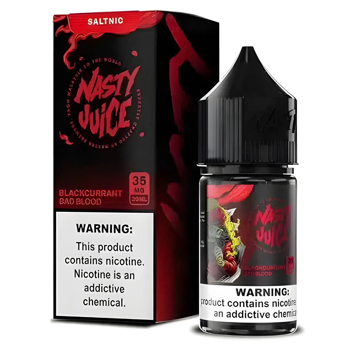 IVG Nasty Juice Blackcurrant Bad Blood NIC Salt vape juice 30ML with 35MG and 50MG nicotine, ideal for vape enthusiasts.