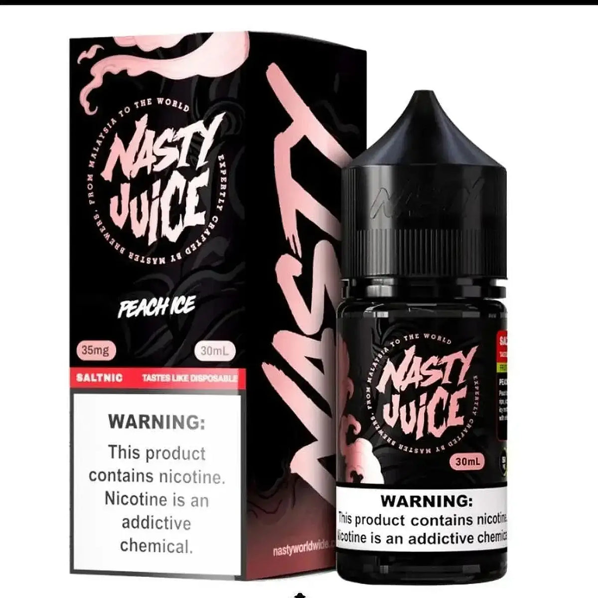 IVG Nasty Juice Peach Ice Nic Salt vape juice 30ML bottle with 35MG and 50MG nicotine, featuring peach and menthol flavor.