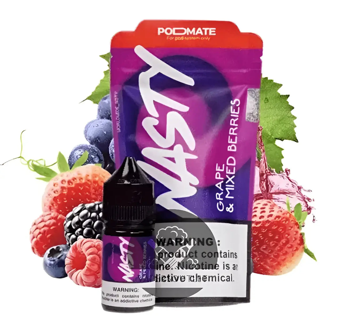 IVG Nic Salt Vape Juice Podmate Grape & Mix Berries 30ML bottle with nicotine strength options, suitable for vaping.