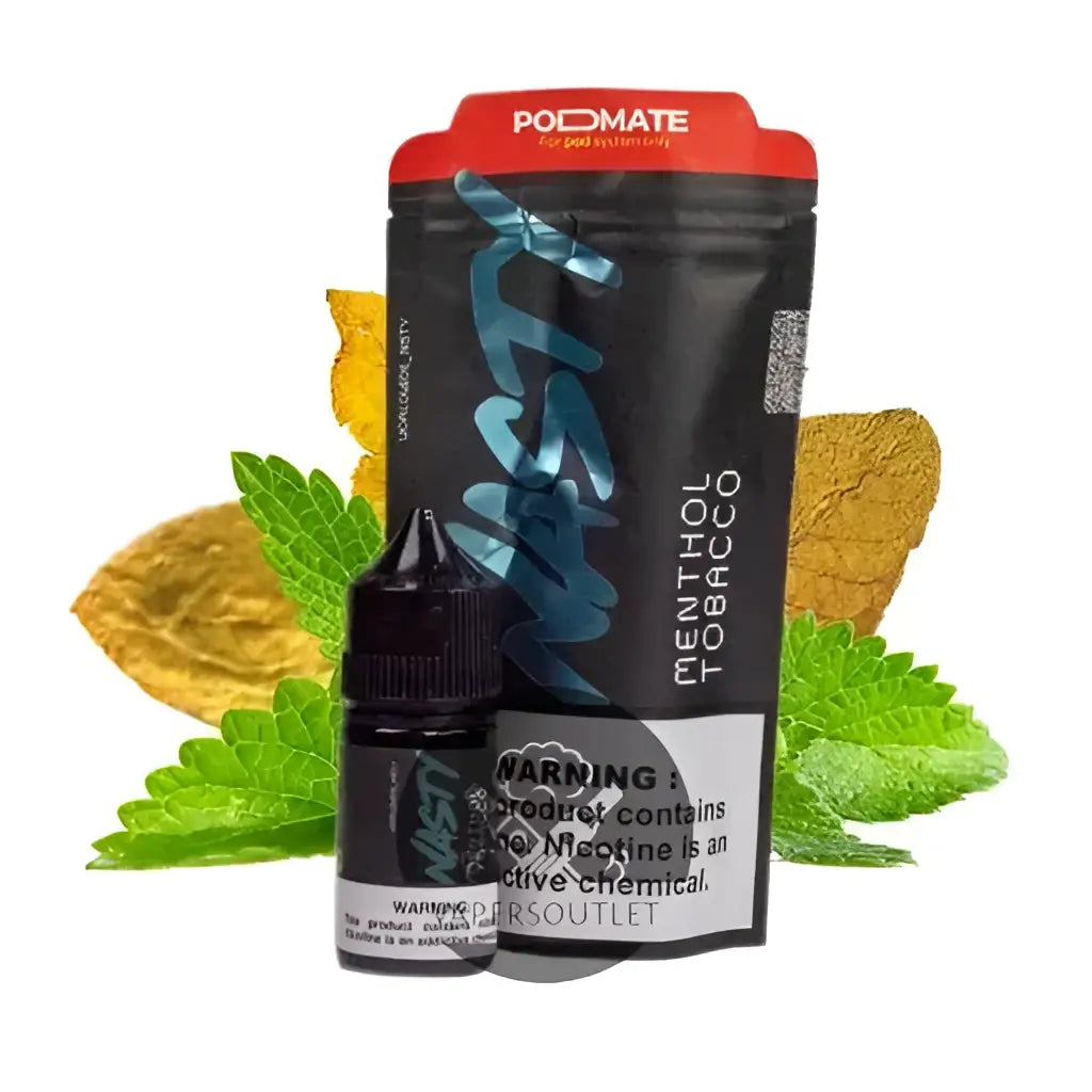 IVG Nasty Juice Podmate Menthol Tobacco Nic Salt vape juice bottle 30ml with 35MG and 50MG nicotine, designed for vaping.