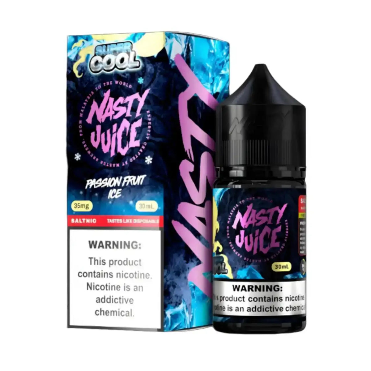 IVG NIC SALT vape juice in 30ml Passion Fruit Ice flavor by Nasty Juice, with 35MG and 50MG nicotine salt content, ideal for vaping.