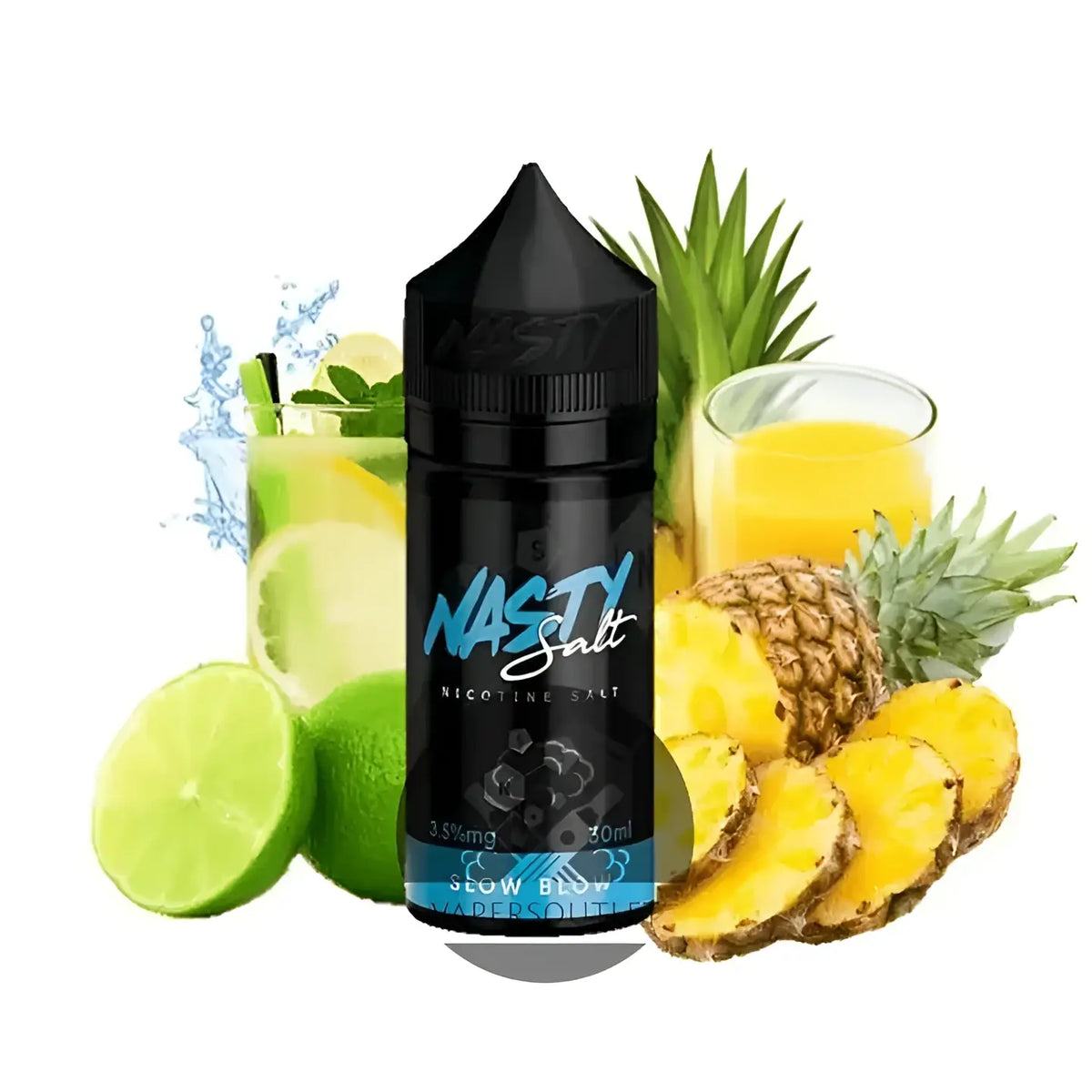 IVG Nasty Slow Blow Pineapple Lemonade Nic Salt vape juice in 30ml bottle, available in 35mg and 50mg nicotine strengths.