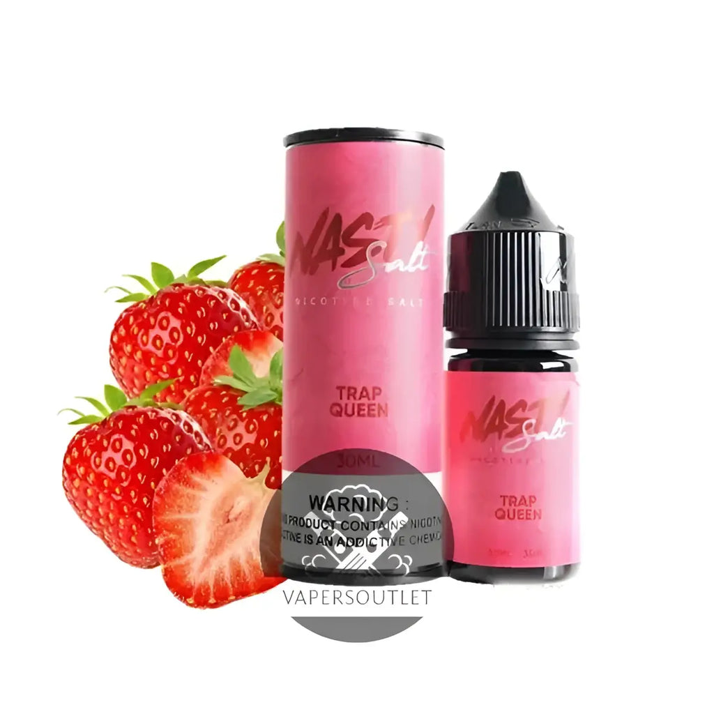 IVG Nasty Trap Queen Strawberry Nic Salt Vape Juice 30ML with 35MG or 50MG nicotine, featuring fresh strawberry flavor.