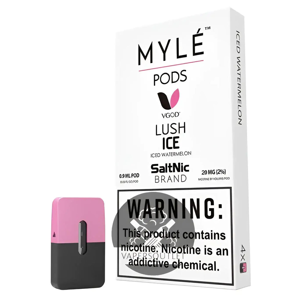 IVG MYLE Lush Ice vape pod, pre-filled with flavored e-liquid, designed for easy vaping, shown in close-up.